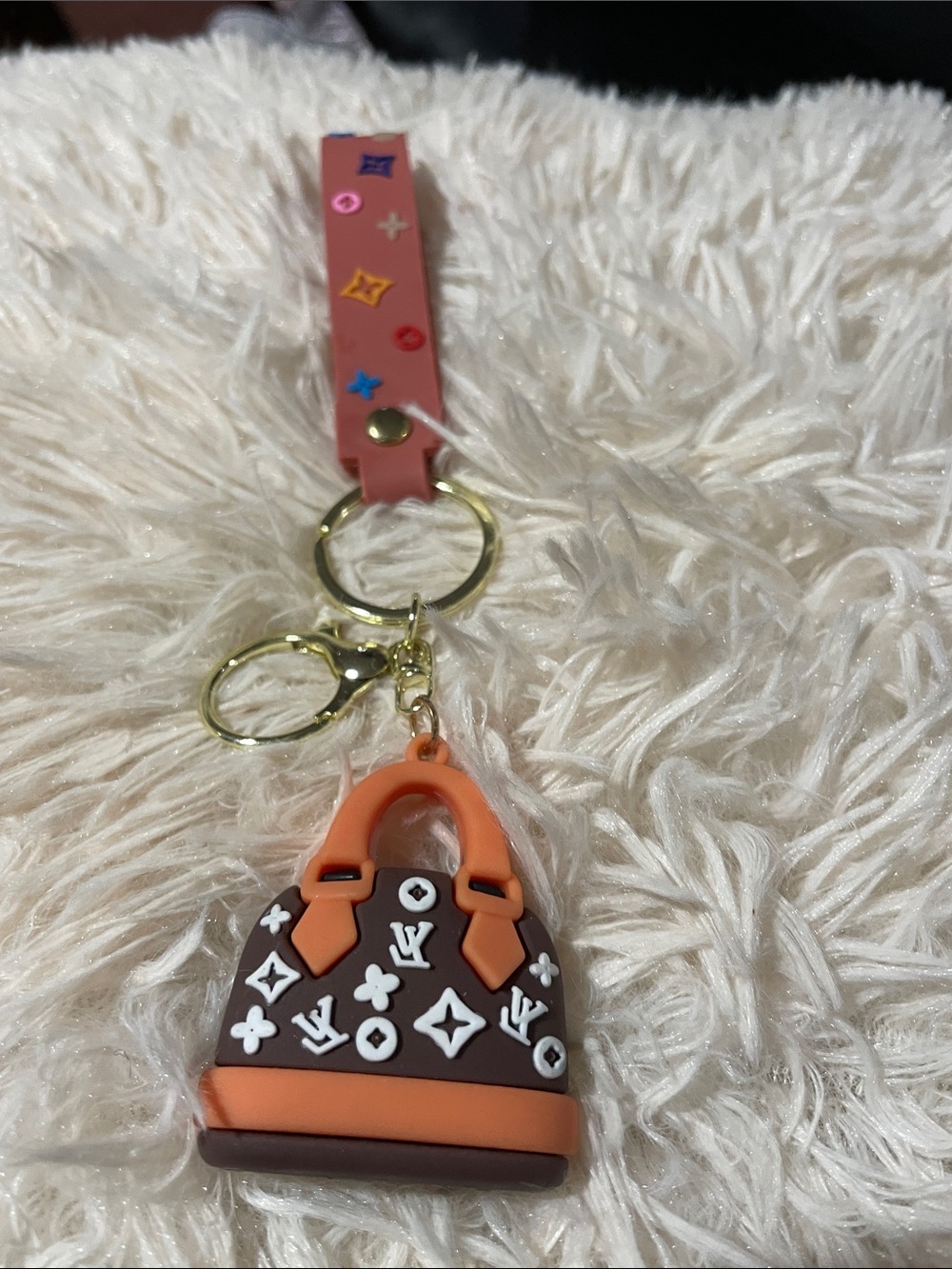 Designer-Inspired Orange & Brown Purse Keychain/Bag Charm with Strap NWOT